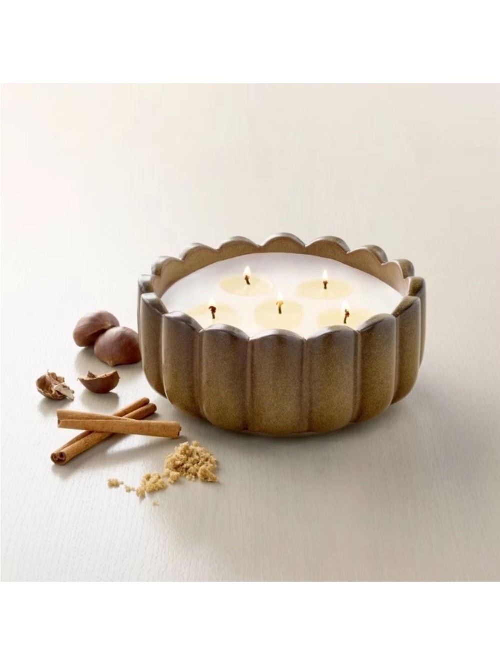 6 Wick Ceramic Scalloped Rim Harvest Chestnut Jar Candle Brown 42oz - NEW RARE